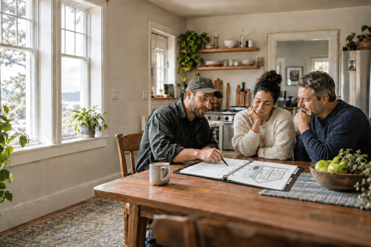 A contractor reviews a house-and-condenser diagram in an open binder, oriented toward homeowners across their kitchen table.