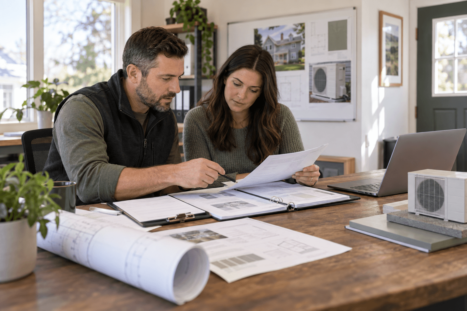 A heat pump contractor and office coordinator cross-check a multi-system proposal packet at a worktable.