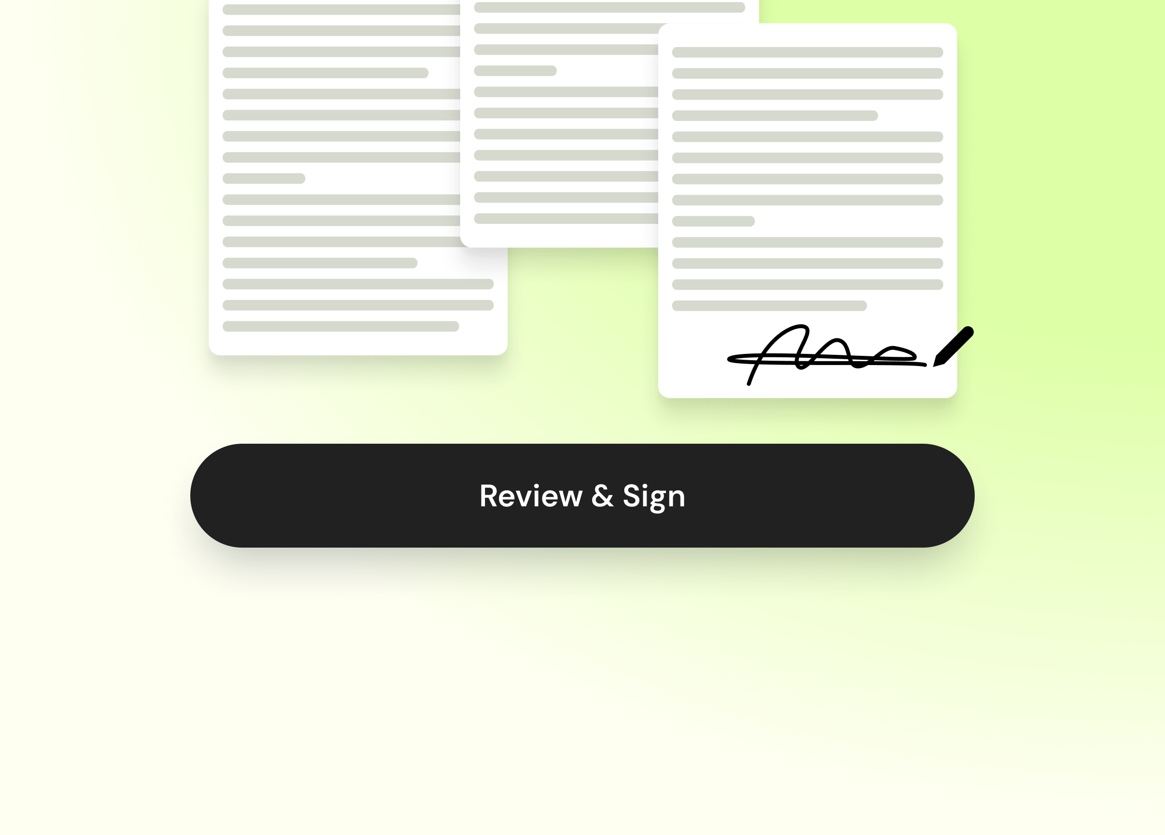 Document review and e-signature interface with stacked contract pages and a Review & Sign button