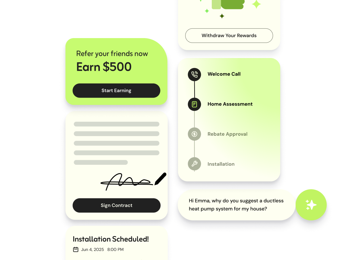 MyHome Portal interface collage showing referral rewards, project timeline, document signing, and AI assistant