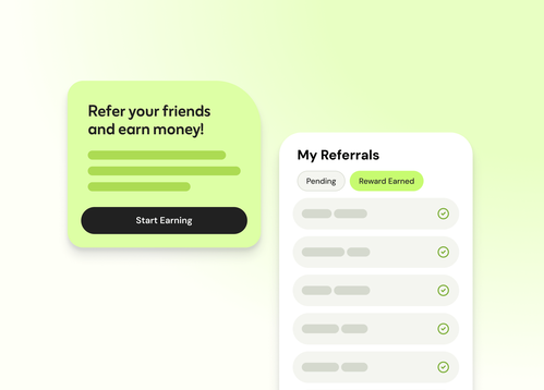 Referral program card with Earn $500 callout and a My Referrals list showing pending and rewarded referrals